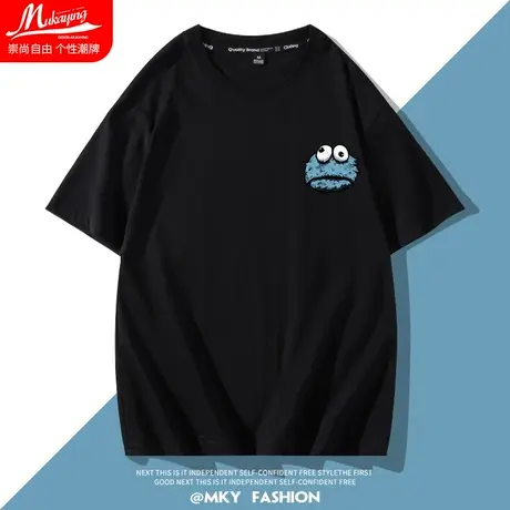 芝麻街卡通胸标短袖t恤男夏季纯棉潮牌ins圆领青少年宽松半袖体恤图片