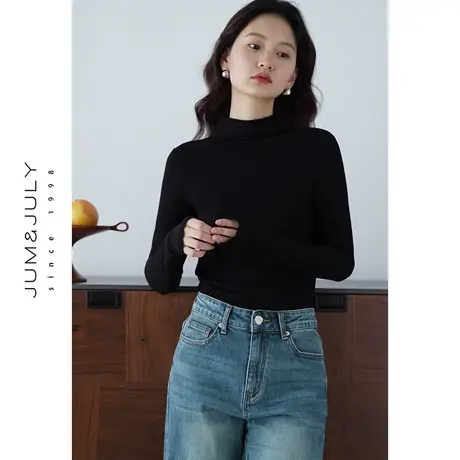 嘉茱莉2023秋季新款半高领长袖T恤女修身短款打底衫内搭长袖上衣图片