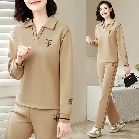 运动休闲套装女2023年新款洋气中年妈妈减龄V领卫衣直筒裤两件套图片