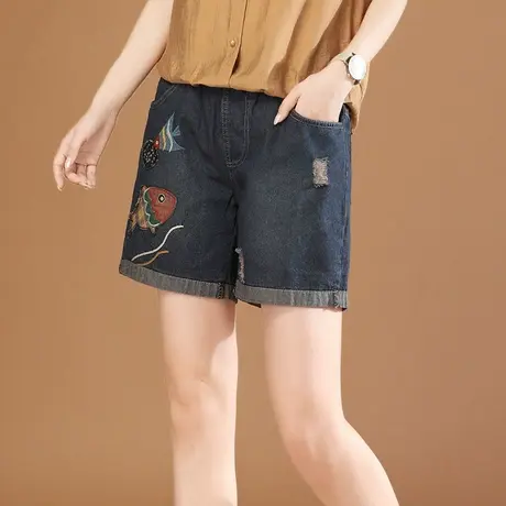 韩潮袭人松紧腰宽松牛仔短裤热裤女2023夏季新款休闲破洞直筒裤薄商品大图