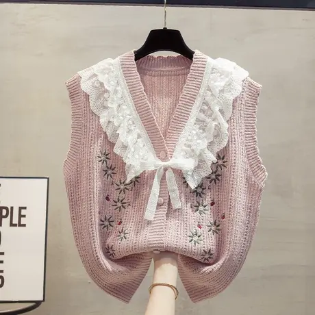 蕾丝v领针织开衫马甲背心女2023秋装新款宽松马夹外穿毛衣坎肩潮商品大图