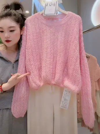 镂空短款长袖毛衣女2023春秋新款甜美宽松高级感洋气针织百搭上衣图片