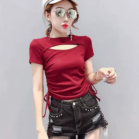 性感镂空短袖女设计感前后两穿T恤女夏季高腰短款露脐抽绳上衣潮商品大图