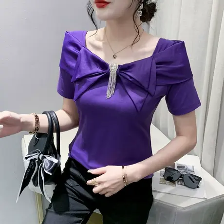 欧货方领T恤女短袖2023夏装新款别致蝴蝶结上衣洋气修身百搭小衫商品大图