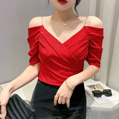 性感一字领短袖T恤女2023夏季新款气质网纱小衫时尚修身吊带上衣商品大图