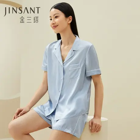 真丝短袖高级丝绸家居服100%桑蚕丝宽松短袖短裤纯色两件套金三塔图片