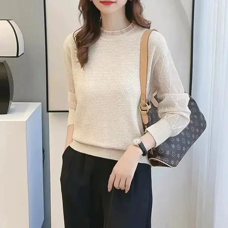 秋装新款2023年圆领蕾丝针织打底衫宽松薄款长袖内搭洋气女装上衣商品大图