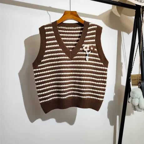 学院风针织背心马甲女秋冬新款宽松v领叠穿无袖条纹毛衣坎肩外搭商品大图