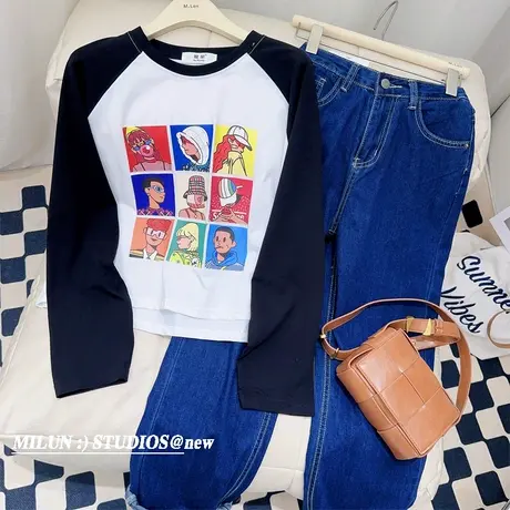 小个子短款上衣春款韩版ins原宿风港味个性时髦插肩袖长袖T恤宽松商品大图