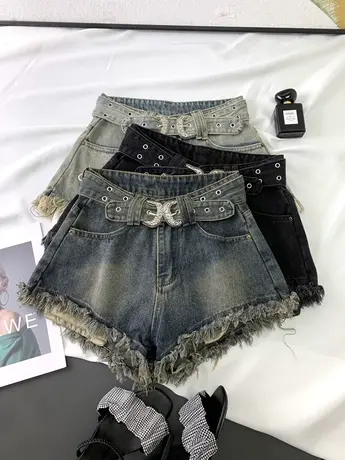 韩版磨白大腰带牛仔短裤2023秋季新款显瘦百搭高腰裤毛边a字短裤商品大图