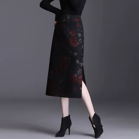 2023秋冬新款毛呢包臀裙女中长复古印花开叉旗袍裙显瘦一步半身裙图片