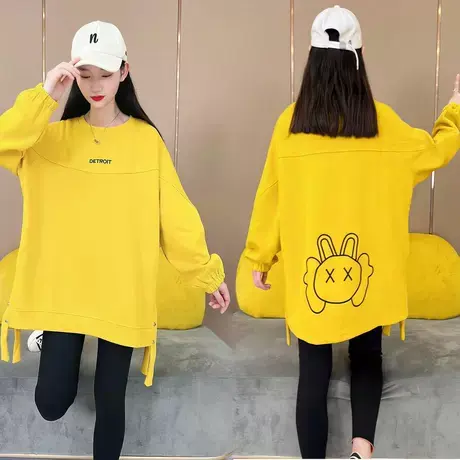 后背卡通兔圆领卫衣女2023秋季新款抽褶拼接设计感慵懒风潮流上衣图片