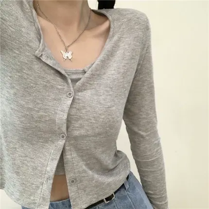 秋季韩版短款小吊带长袖针织开衫两件套上衣女时尚气质isn外套女商品大图