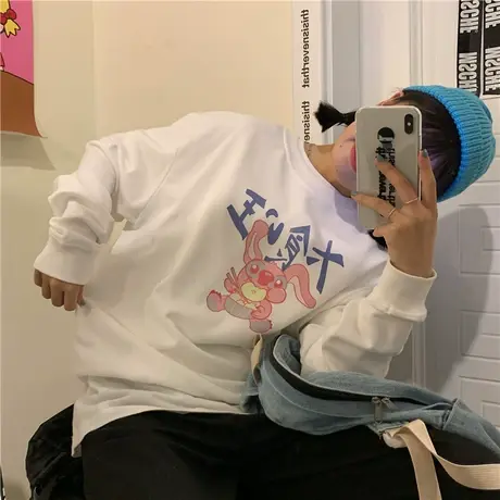 新款韩版秋冬装原创自制卡通可爱盐系宽松bf小个子套头圆领卫衣女图片