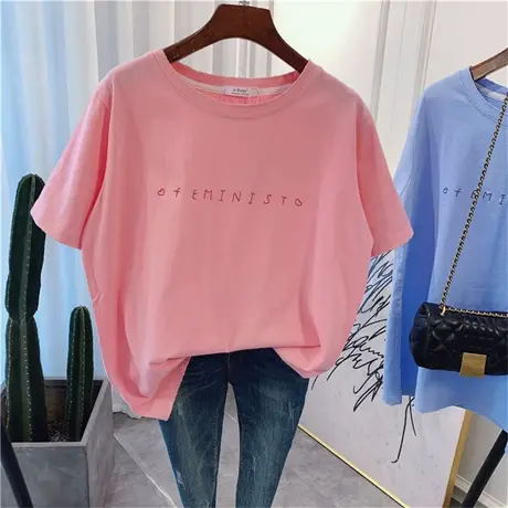 短袖t恤女夏装2020新款韩版ins潮宽松刺绣字母简约百搭半袖上衣服商品大图
