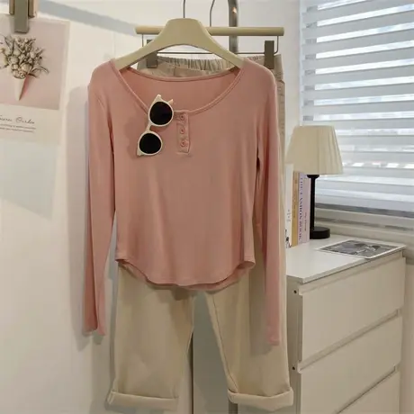 软糯垂感设计感纽扣长袖T恤打底衫女高腰显瘦瑜伽练功舞蹈服上衣图片