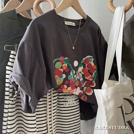 彩色圆点爱心涂鸦印花小众个性设计感别致休闲短袖棉T恤宽松韩系商品大图