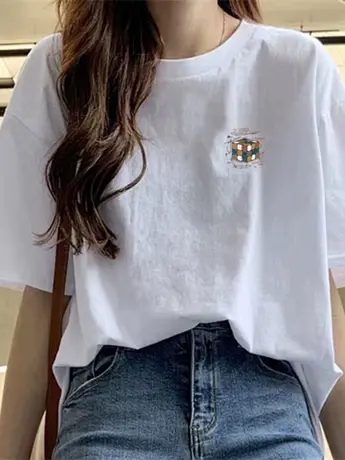 欧货白色短袖t恤女2023年新款夏季宽松港风大版仿棉中长款ins潮图片