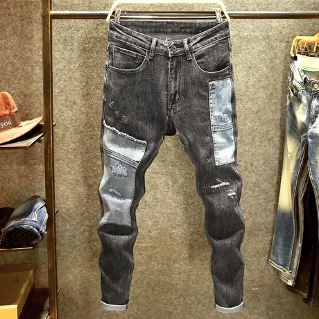 春秋款破洞刮烂男士牛仔裤潮牌撞色修身小脚裤时尚潮流显瘦长裤子商品大图