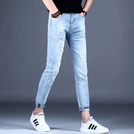秋款轻奢破洞九分牛仔裤男款弹力百搭修身小脚裤子2023新款休闲裤商品大图