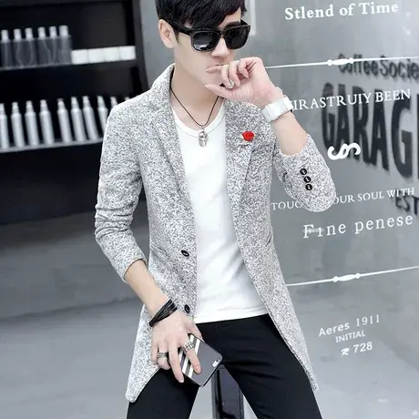 秋冬新款男装韩版百搭修身翻领毛呢外套帅气中长款雪花呢子大衣潮图片