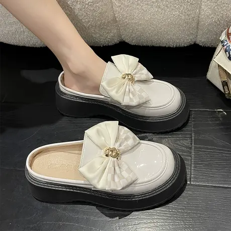 厚底包头半拖鞋女2023年新款小众设计大蝴蝶结ins潮英伦风穆勤鞋图片