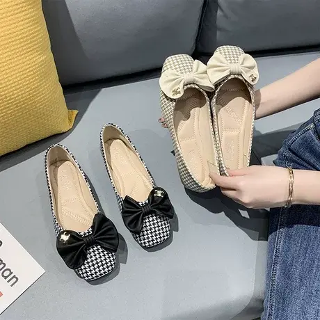 2023年夏季工作职业蝴蝶结千鸟格方头粗跟单鞋韩版低跟鞋女小香风商品大图
