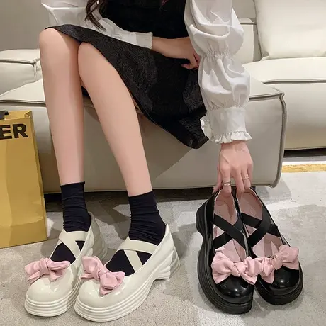 软妹风复古厚底松糕小皮鞋女2023秋季新款萝莉JK制服蝴蝶结乐福鞋图片