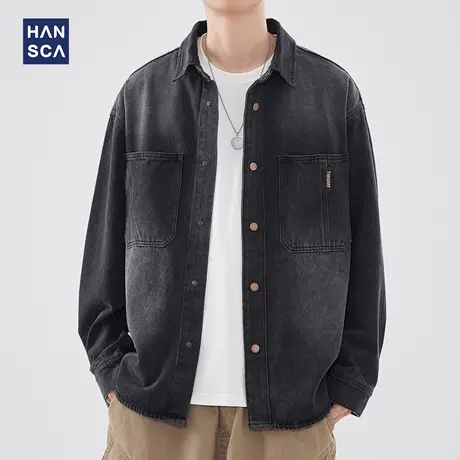 hansca黑色做旧牛仔衬衫男款春季新款潮牌休闲翻领高级感痞帅外套图片