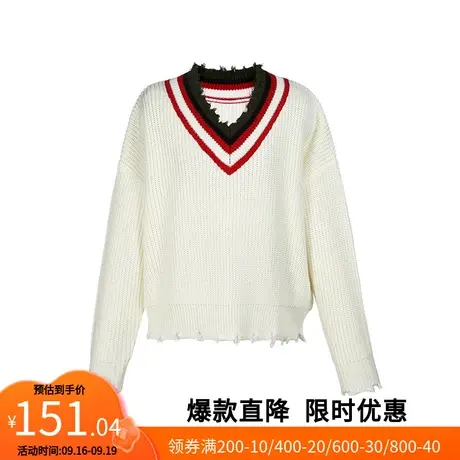【艾格】2023春新款女毛针织衫青春学院风做旧条纹拼色打底衫上衣图片