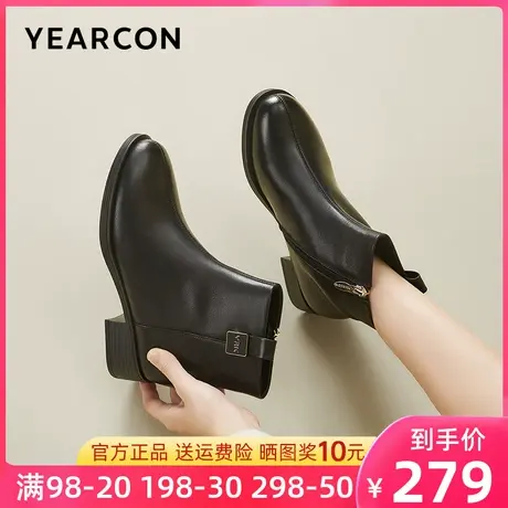 意尔康女靴2023冬季新款真皮加绒短靴女粗跟靴子中跟及踝短筒皮靴图片