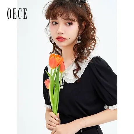 Oece娃娃领上衣2022夏季新款女装甜美小众显瘦短袖T恤气质小衫春图片