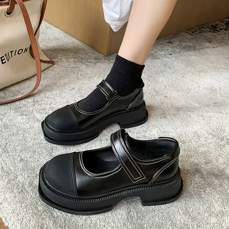 玛丽珍鞋女2024春季新款浅口单鞋小众设计感魔术贴粗跟厚底小皮鞋图片