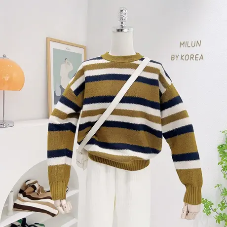 22秋冬款慵懒软糯粗针毛衣ins设计感条纹撞色长袖圆领加厚针织衫商品大图