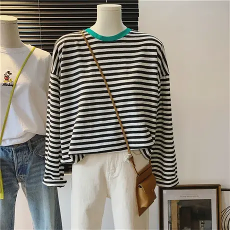 拼色竹节棉条纹宽松长袖慵懒舒适纯棉打底衫韩国春秋新款洋气T恤图片