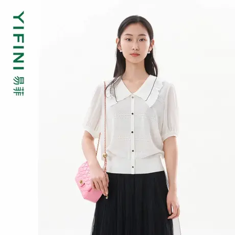 [专柜同款]Yifini/易菲撞色小翻领蕾丝拼接宽松短款针织毛衫女夏商品大图