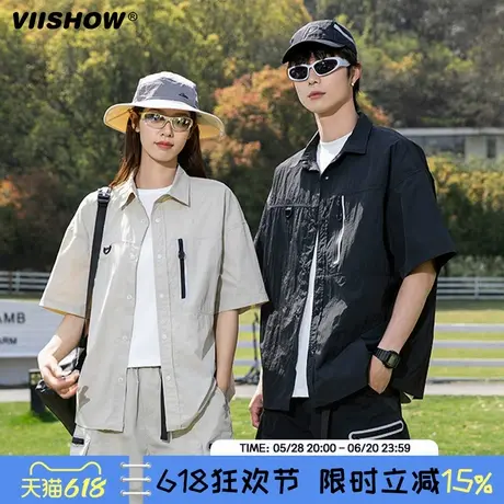 VIISHOW复古山系户外工装短袖衬衫男女夏季潮牌宽松百搭休闲衬衣商品大图