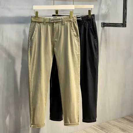 附送腰带丝光棉男士休闲裤薄款韩版小直筒松紧九分裤休闲长裤子男商品大图