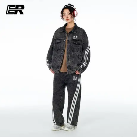 ER条纹翻领牛仔套装潮牌休闲痞帅情侣装男女同款图片