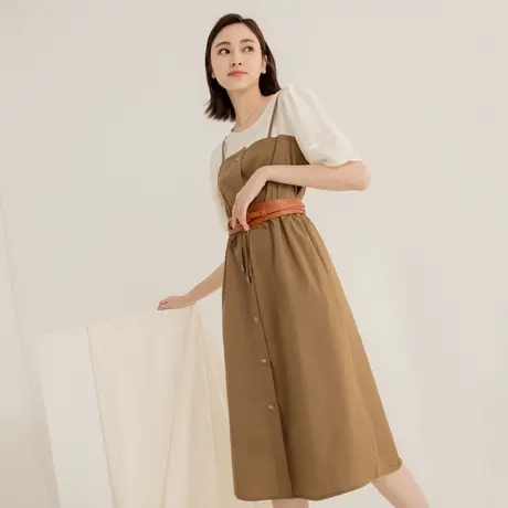 桔熊夏季休闲假两件套连衣裙子女收腰短袖圆领中长裙大码DA9667图片