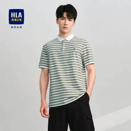 HLA/海澜之家撞色刺绣POLO衫春夏时尚翻领条纹珠地弹力短袖男图片