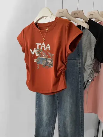 韩系chic短袖t恤女夏小个子设计感ins潮正肩短款橘色洋气减龄上衣图片