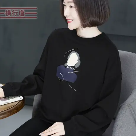 黑色长袖套头无帽卫衣圆领上衣休闲宽松2023冬装简约纯色女装新款商品大图