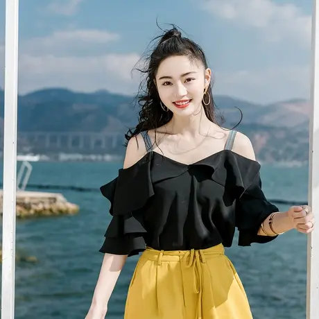 2023春装新款女装五分袖小心机宽松雪纺衬衫设计感衬衣打底衫上衣图片