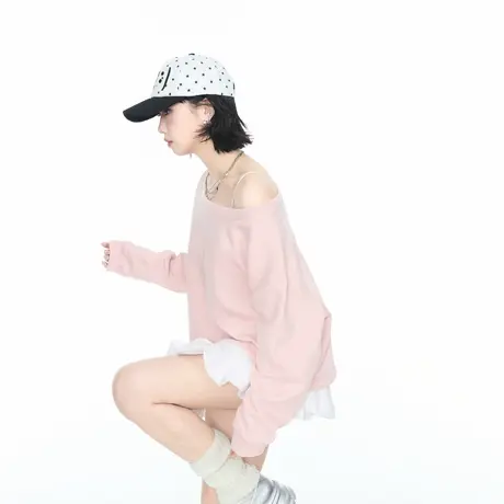 2025秋季新款一字领斜肩纯色卫衣女美式辣妹风宽松纯欲上衣百搭图片