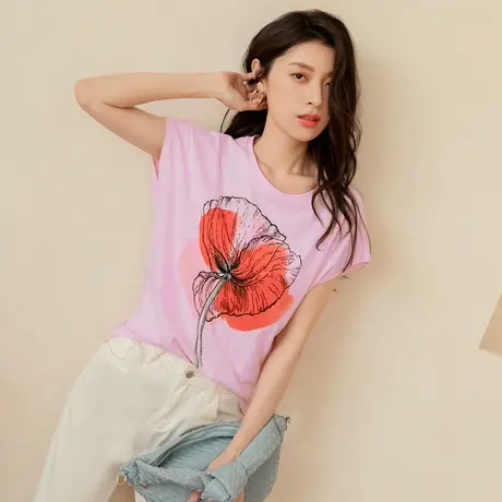 桔熊夏季舒适t恤花朵晕染印花宽松蝙蝠袖上衣轻熟女大码AB15535图片