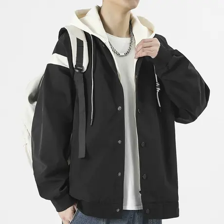 男士假两件连帽外套男潮流百搭春秋季2023新款黑色飞行夹克冲锋衣商品大图