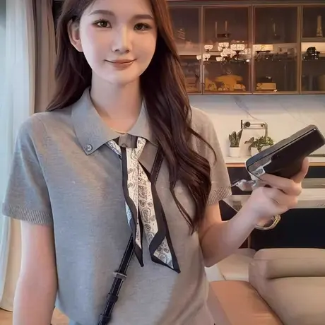polo领冰丝针织衫正肩短袖t恤女夏季韩系高级感显瘦独特漂亮上衣商品大图