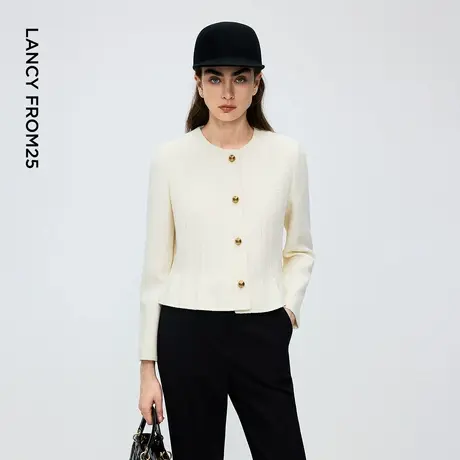 朗姿法式圆领白色小香风短外套女设计感鱼尾下摆2025年冬季新款图片