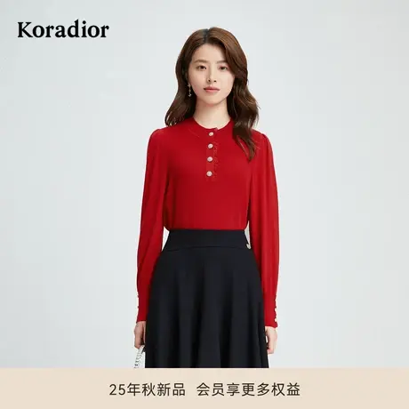 珂莱蒂尔秋桑蚕丝山羊绒混纺宫廷风气质小立领套头针织衫毛衫女图片